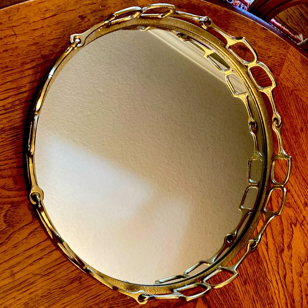 Beautiful gold English snafflebit mirrored serving tray. Excellent condition.